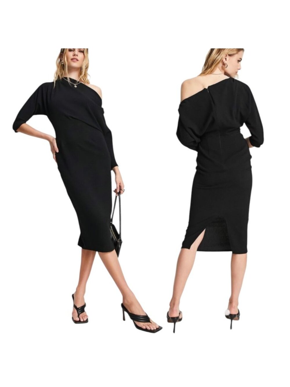ASOS Black Fallen Shoulder Midi Pencil Dress Asymmetric Sleeves Old Money Size 4